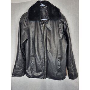 Jacqueline Ferrari Black Leather Jacket Faux Fur Collar Women’s Sz M Biker Moto